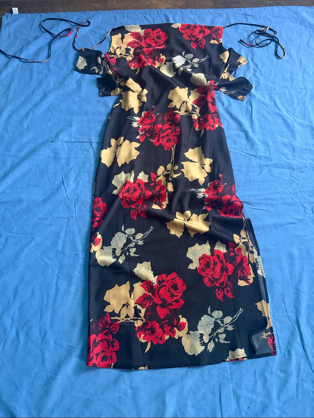 Black Floral Slip Dress with Red and Gold Blooms